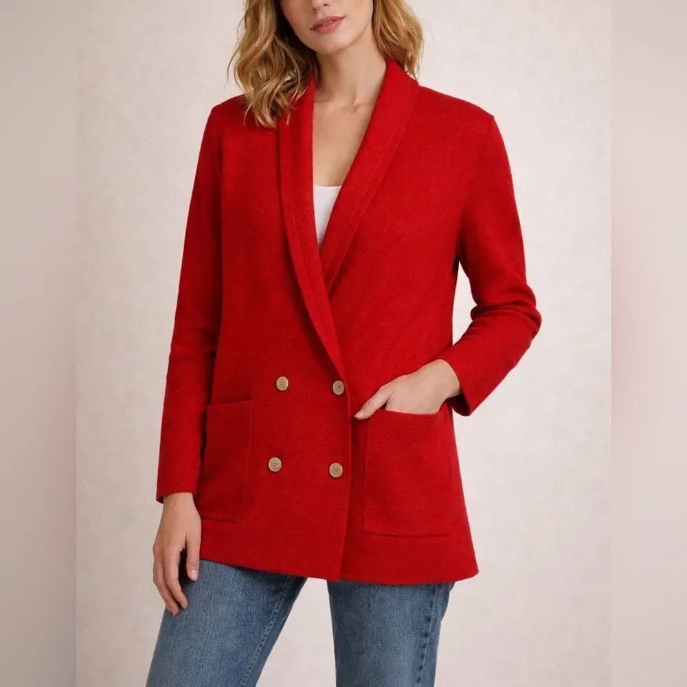 Jaeger Vintage Red 100% Wool Cardigan Sweater Shawl Collar Button Front Size M